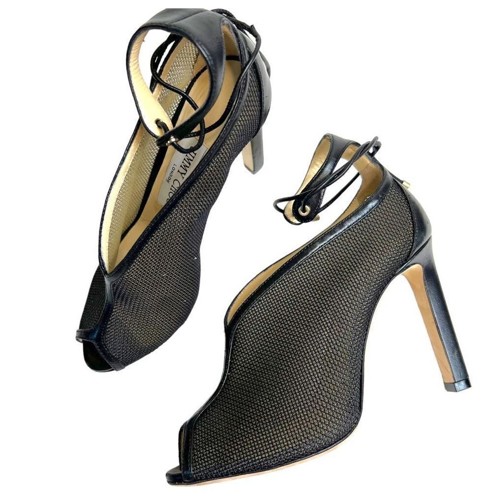 Jimmy Choo Sayra 100 Mesh Ankle Lace Up Tie Black Heels Booties Leather Size 36 - Picture 4 of 12